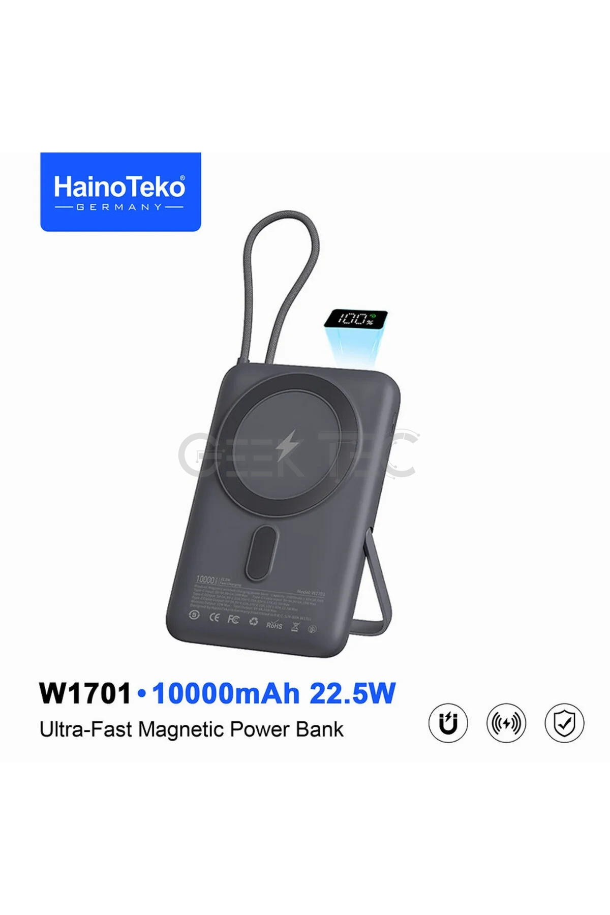 HainoTeko W1701 Batterie externe magnétique ultra-rapide 10 000 mAh, charge rapide 22,5 W