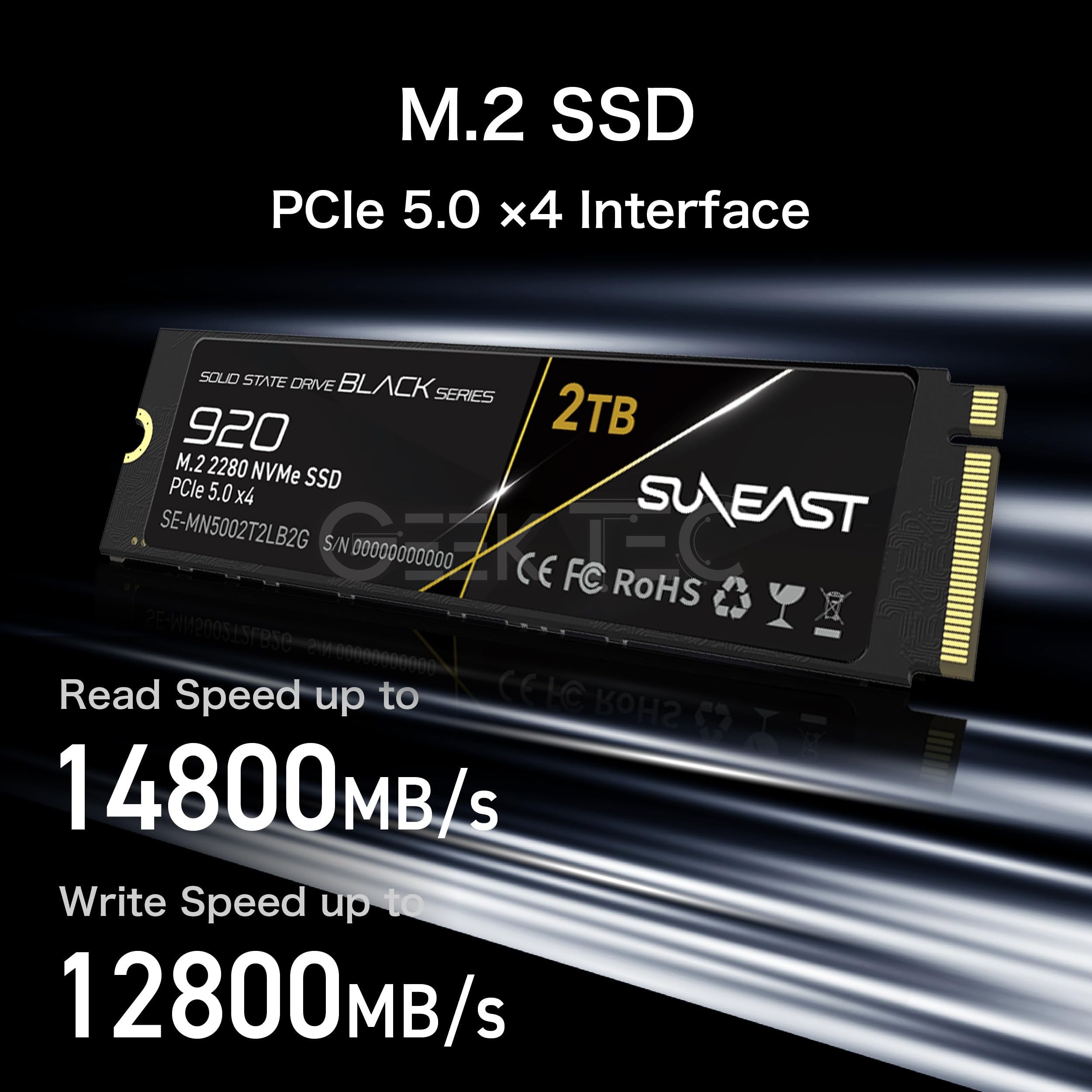 Disque dure SUNEAST Black Series SSD, 2To, PCIe 5.0x4 M.2 2280 NVMe, Lecture : 14,800 Mo/s